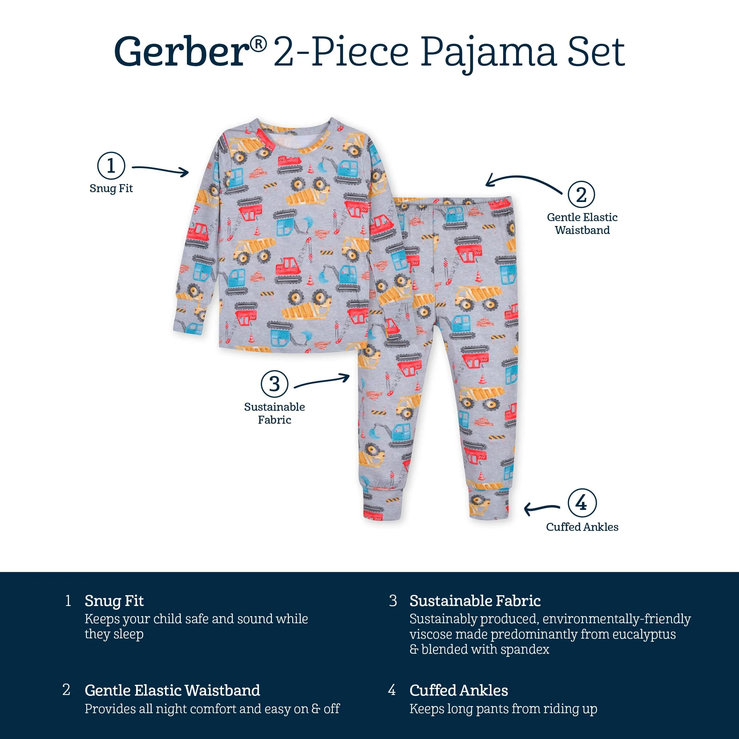 2-Piece Infant & Toddler Boys Construction Trucks Buttery Soft Viscose Made from Eucalyptus Snug Fit Pajamas