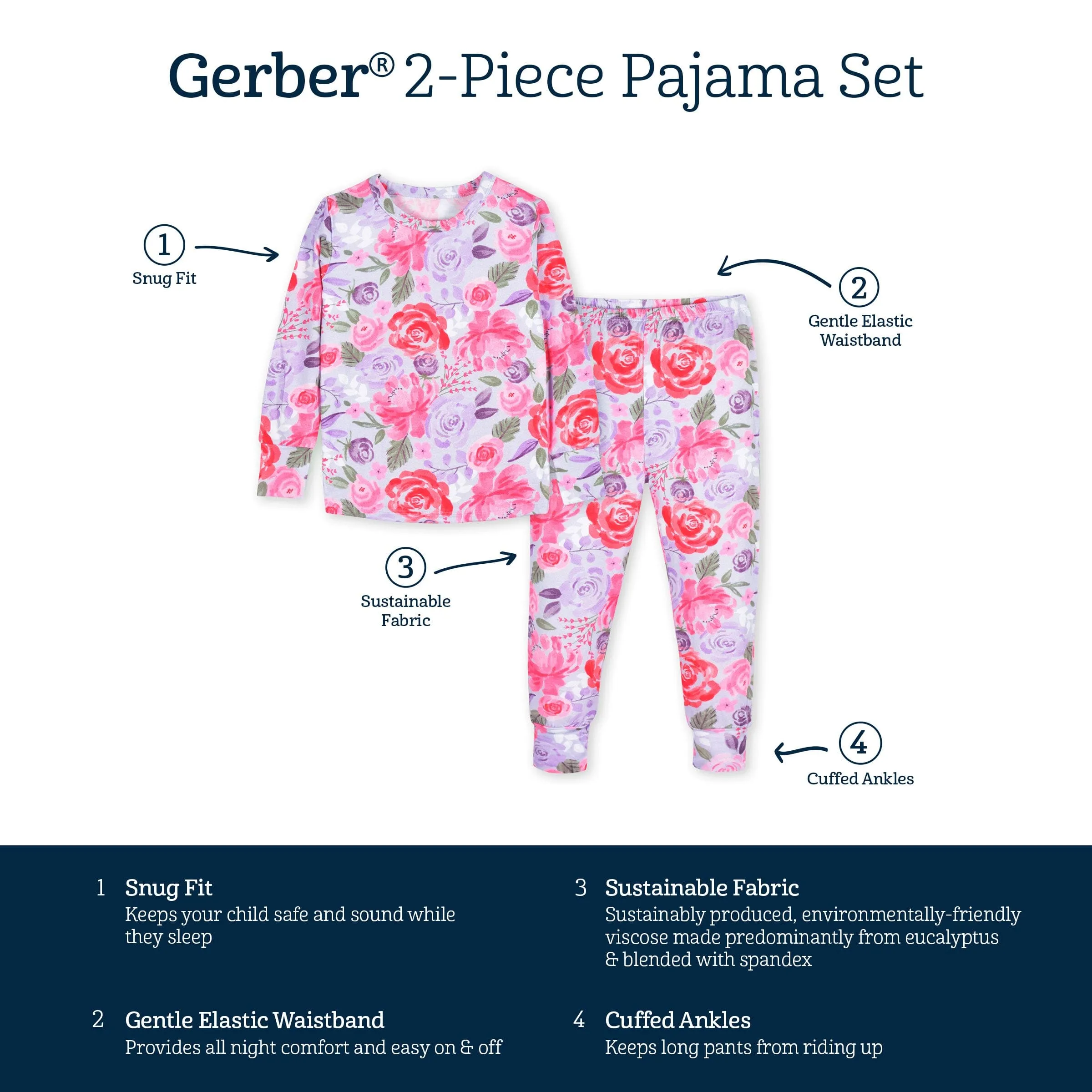 2-Piece Infant & Toddler Girls Lilac Garden Buttery Soft Viscose Made from Eucalyptus Snug Fit Pajamas