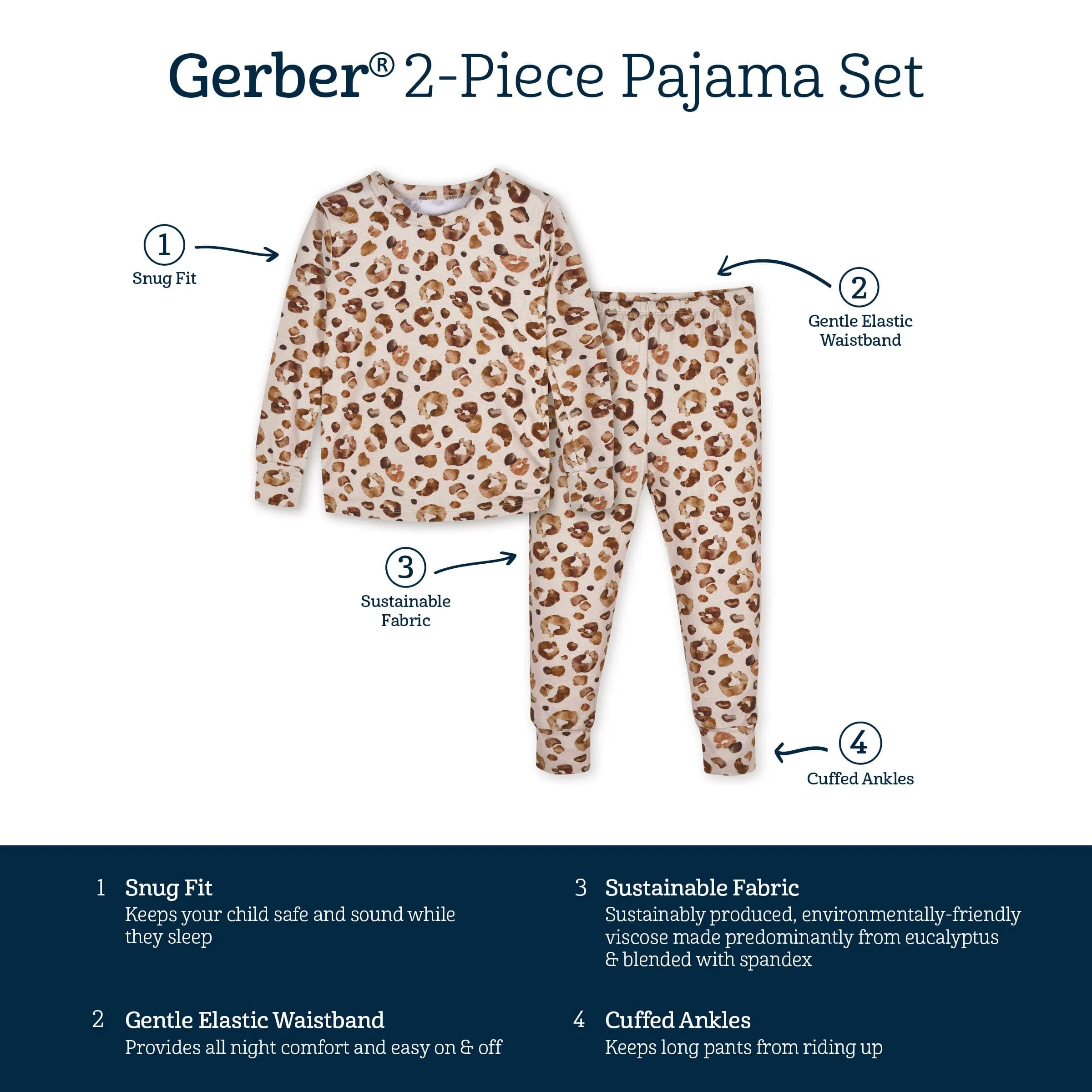 2-Piece Infant & Toddler Spotted Leopard Buttery Soft Viscose Made from Eucalyptus Snug Fit Pajamas