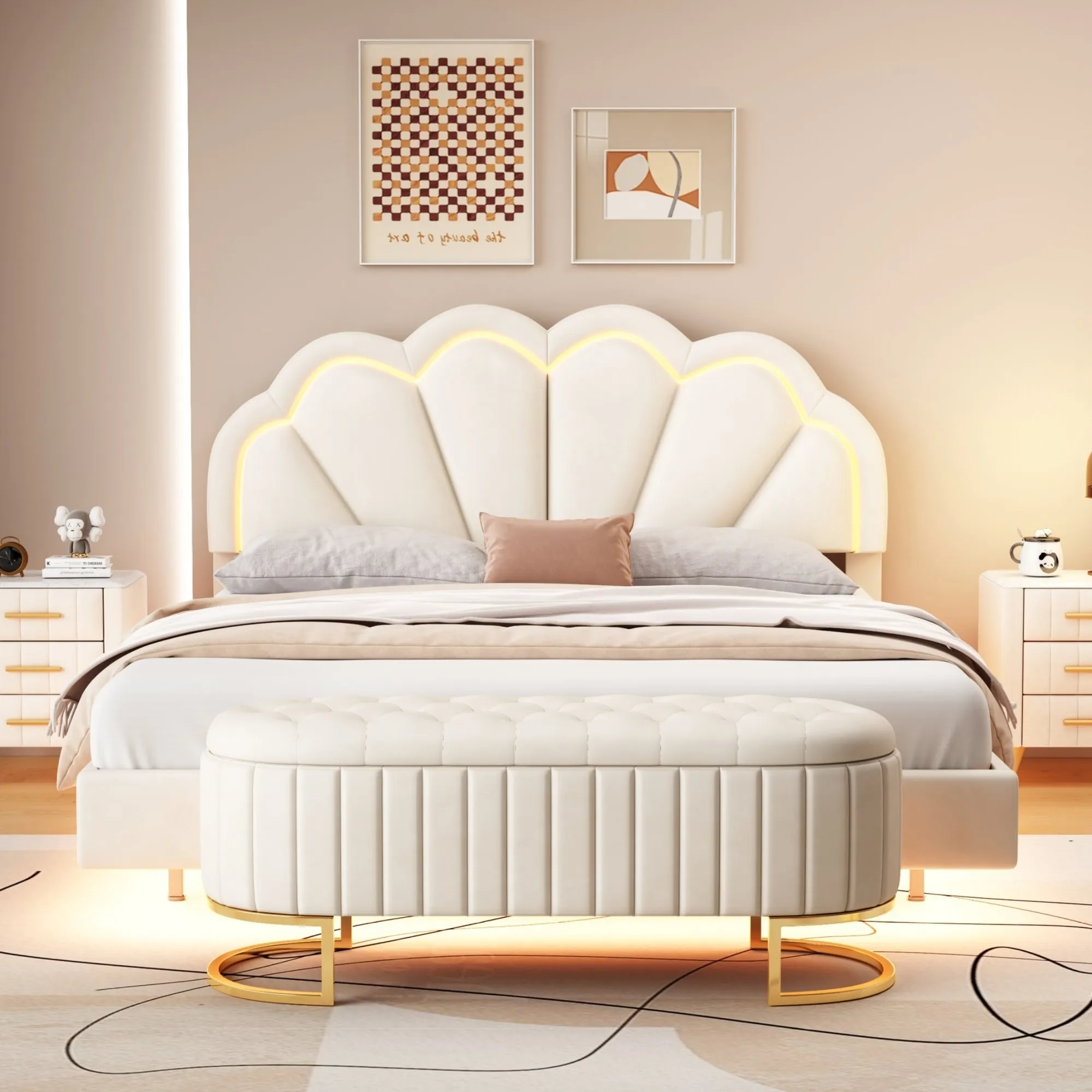 2-Pieces Bedroom Sets,Queen Size Upholstered LED Platform Bed with Storage Ottoman-Velvet,Beige