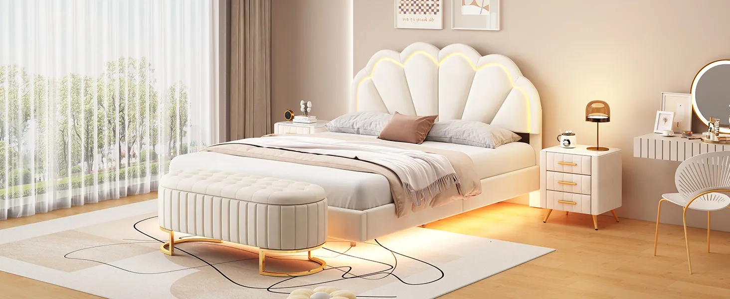 2-Pieces Bedroom Sets,Queen Size Upholstered LED Platform Bed with Storage Ottoman-Velvet,Beige