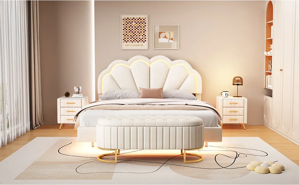 2-Pieces Bedroom Sets,Queen Size Upholstered LED Platform Bed with Storage Ottoman-Velvet,Beige