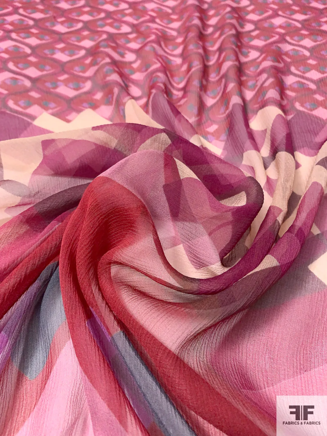 Abstract Multi-Patterned Crinkled Silk Chiffon - Shades of Pink / Magneta / Orchid