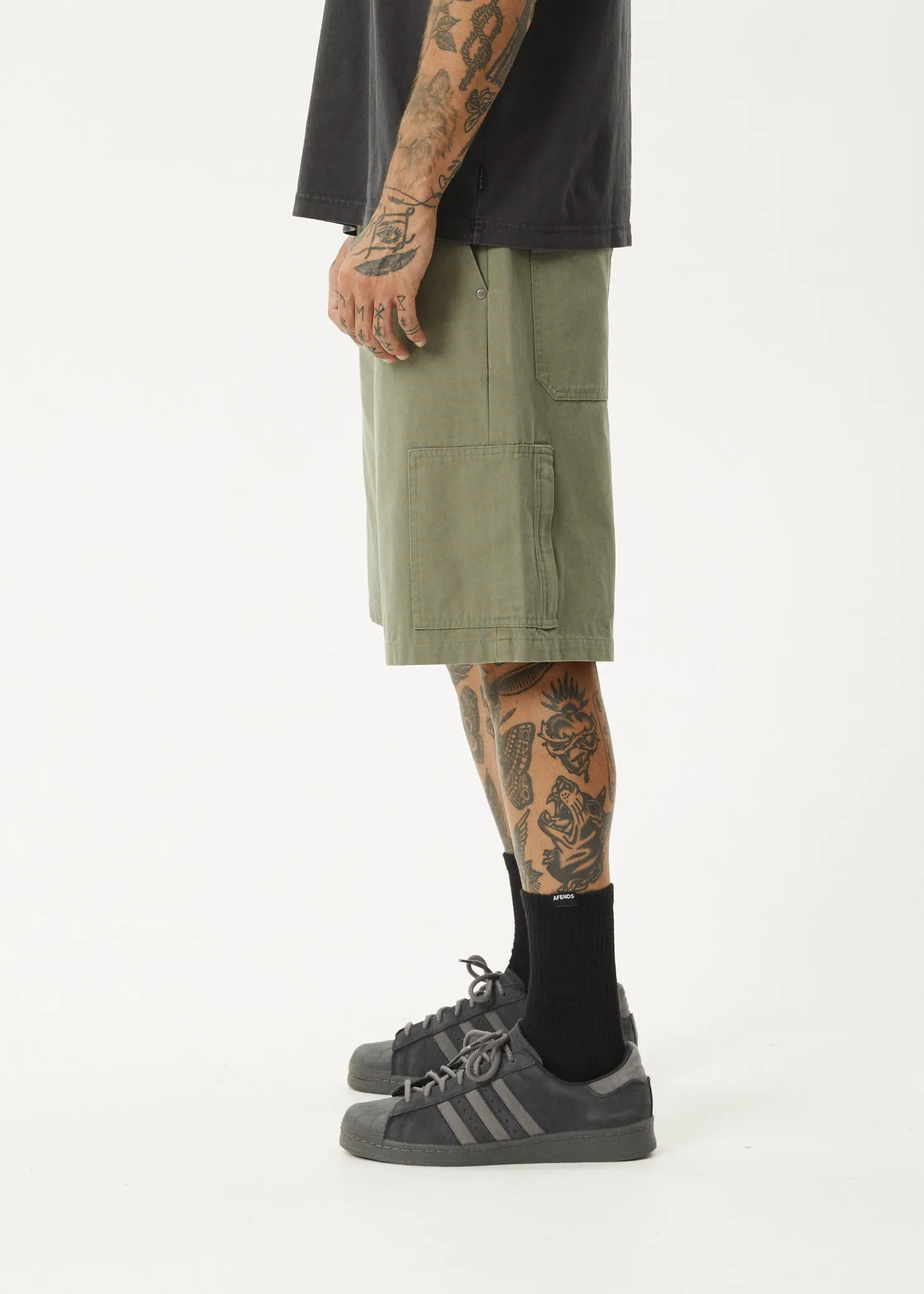 AFENDS Mens Harper - Canvas Carpenter Shorts 22 - Olive