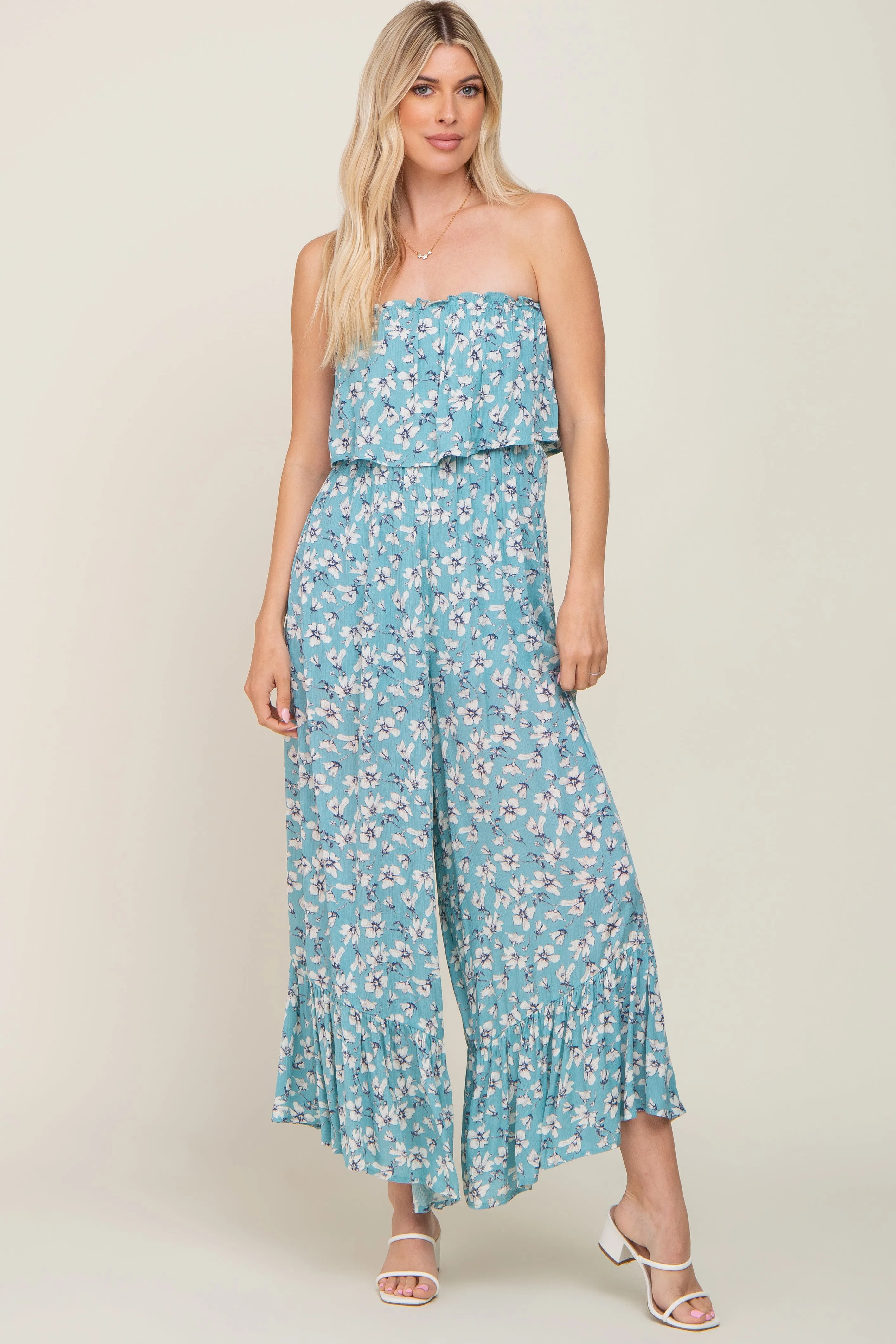 Aqua Floral Strapless Ruffle Jumpsuit