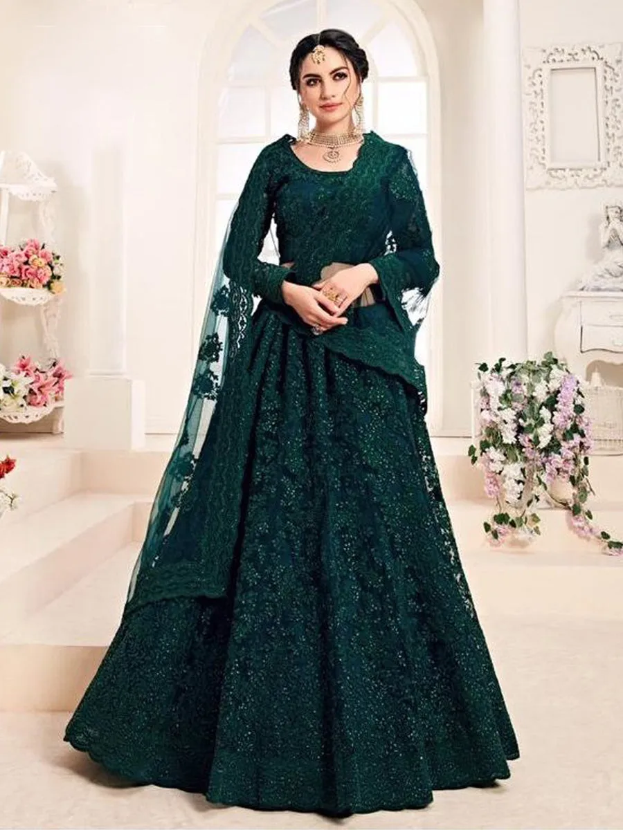 Ashna Dark Green Embroidered Net Lehenga