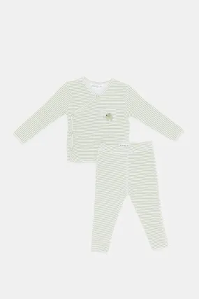 Babies White And Mint Striped Pyjama Set (2 Piece)