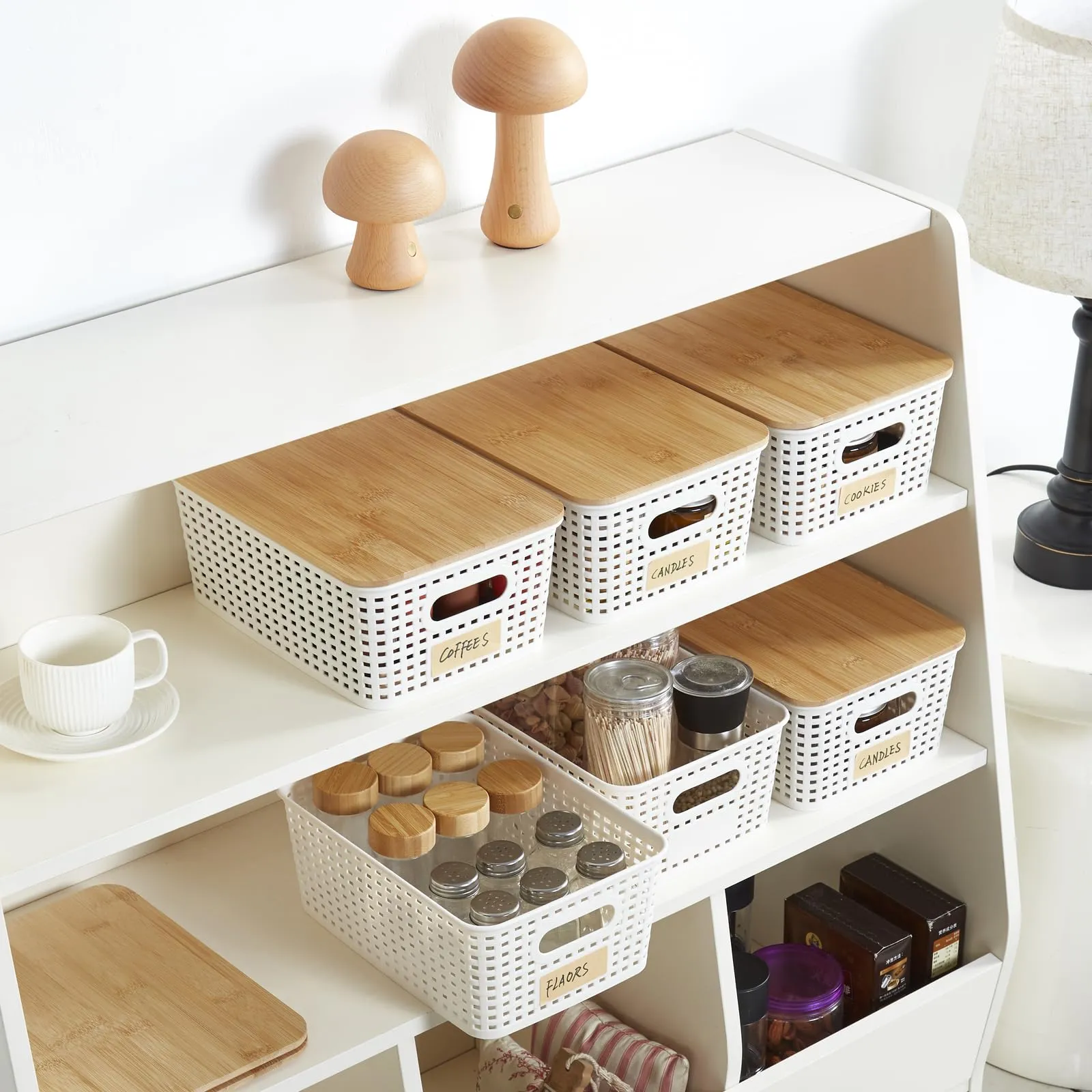 Bagnizer Small Plastic Storage Bins with Bamboo Lids 5.2qt Stackable Box Basket Pantry Decorative Containers Cute with Lable for Organizing Desktop Closet Office Cream White of 6 packs 10*7.2*4.1'’