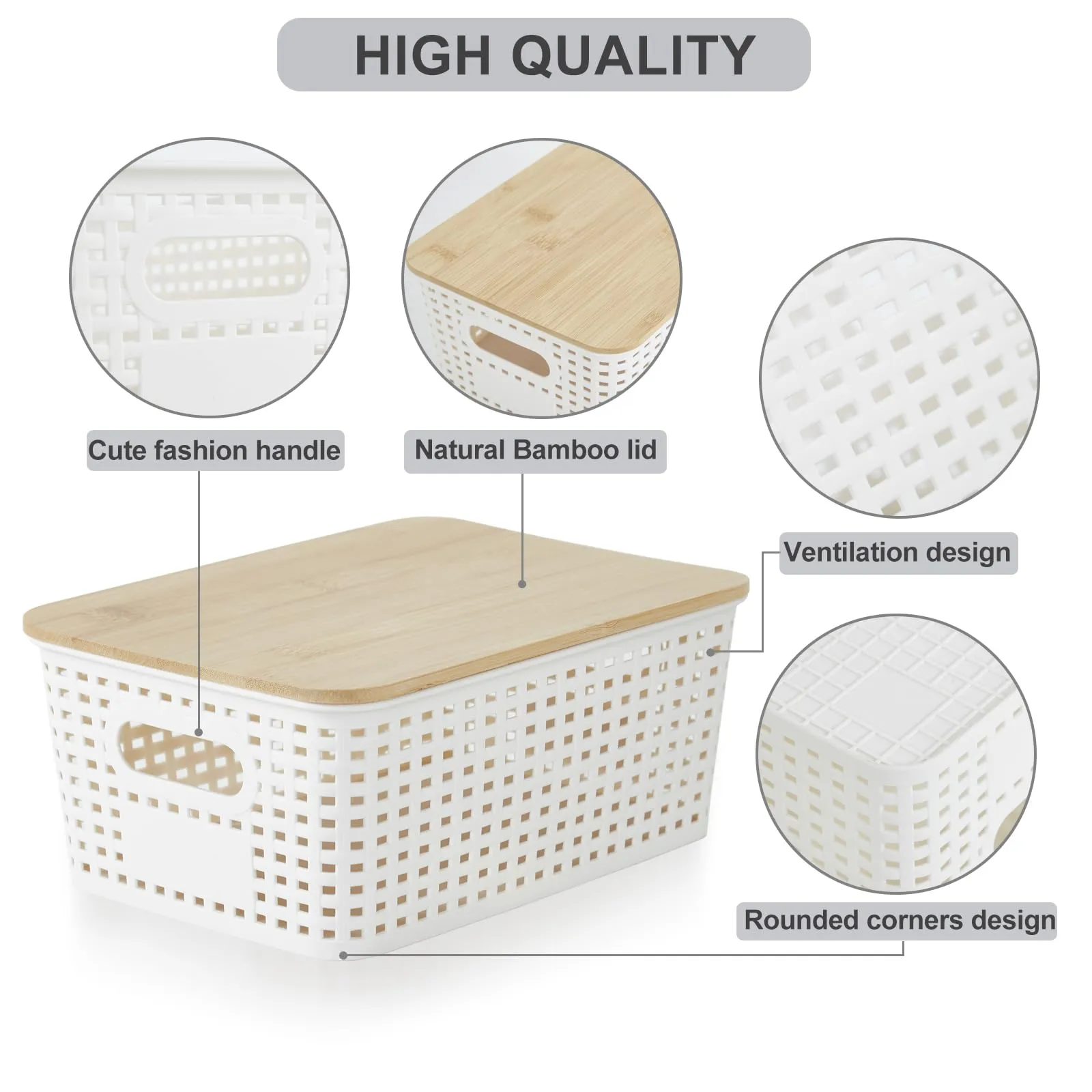 Bagnizer Small Plastic Storage Bins with Bamboo Lids 5.2qt Stackable Box Basket Pantry Decorative Containers Cute with Lable for Organizing Desktop Closet Office Cream White of 6 packs 10*7.2*4.1'’