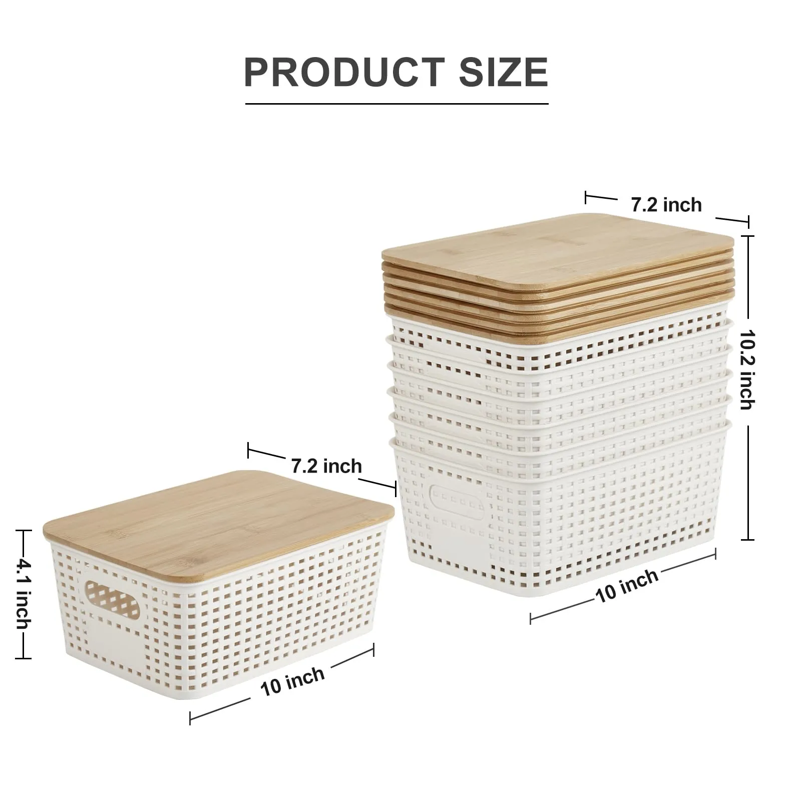 Bagnizer Small Plastic Storage Bins with Bamboo Lids 5.2qt Stackable Box Basket Pantry Decorative Containers Cute with Lable for Organizing Desktop Closet Office Cream White of 6 packs 10*7.2*4.1'’