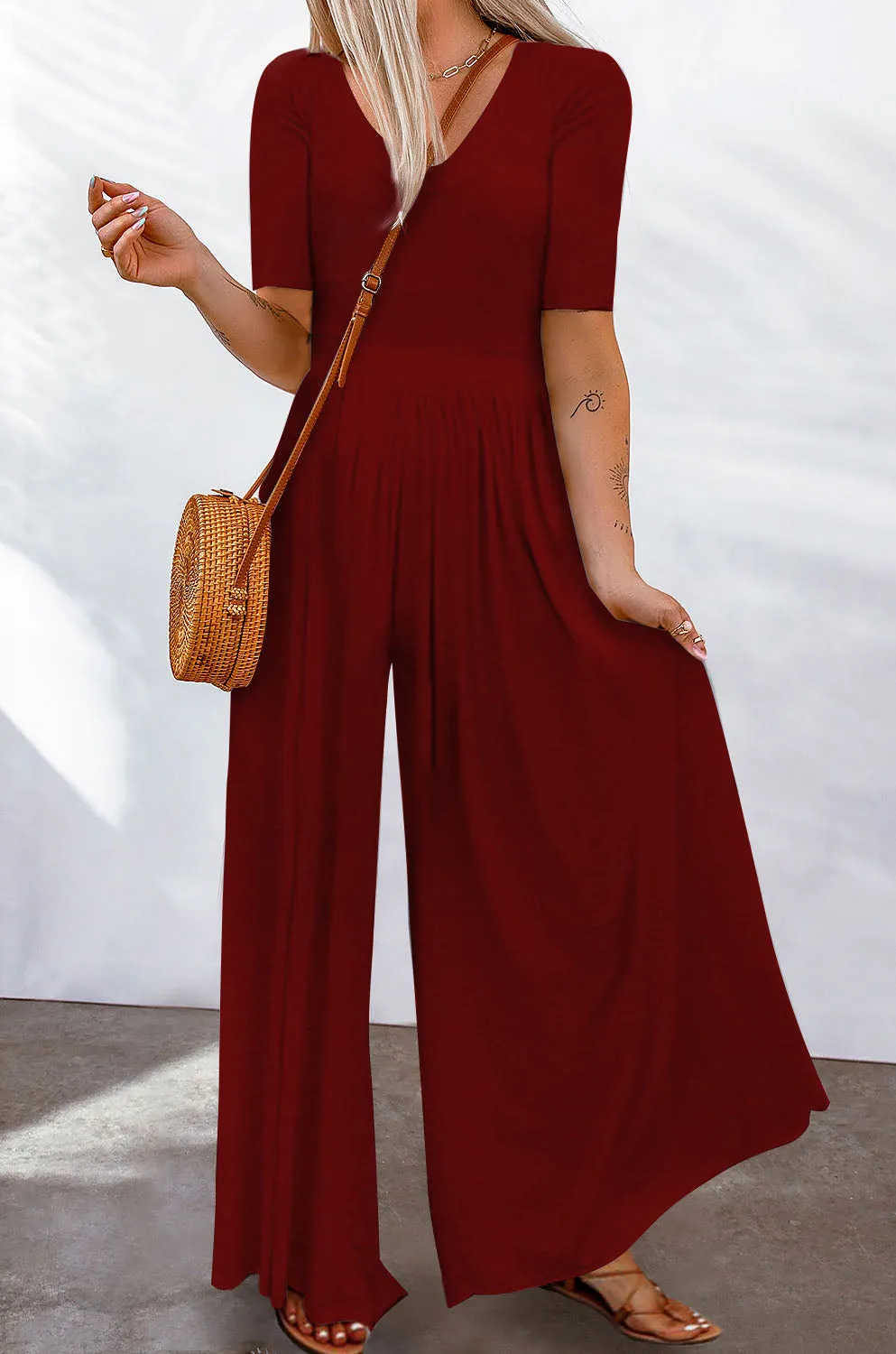 Basic Short Sleeve Wide Leg Jumpsuit