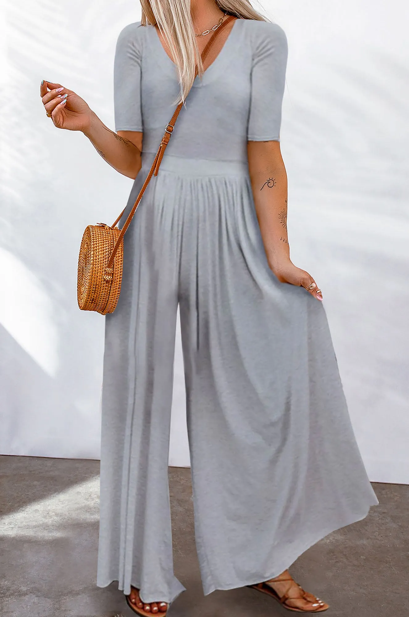 Basic Short Sleeve Wide Leg Jumpsuit