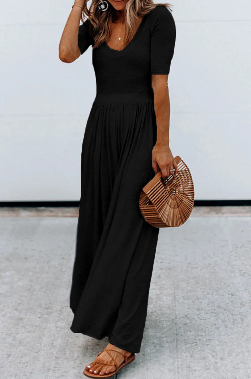 Basic Short Sleeve Wide Leg Jumpsuit