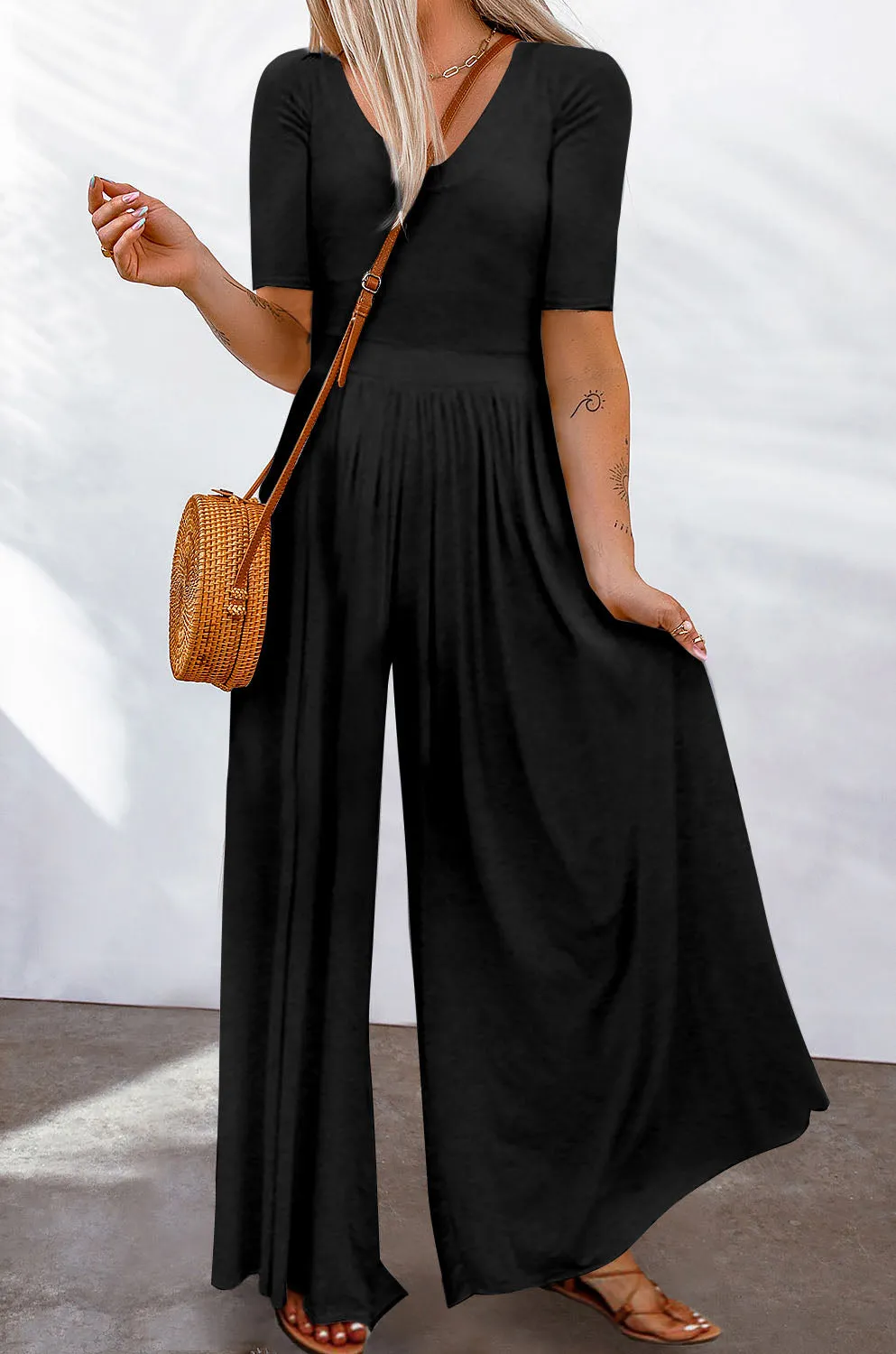 Basic Short Sleeve Wide Leg Jumpsuit