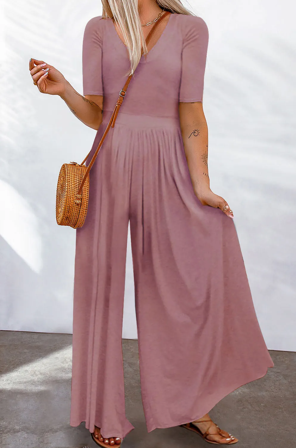 Basic Short Sleeve Wide Leg Jumpsuit