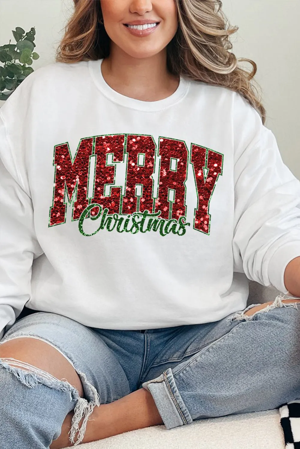 Beige MERRY Christmas Heat Transfer Printing Crewneck Pullover Sweatshirt