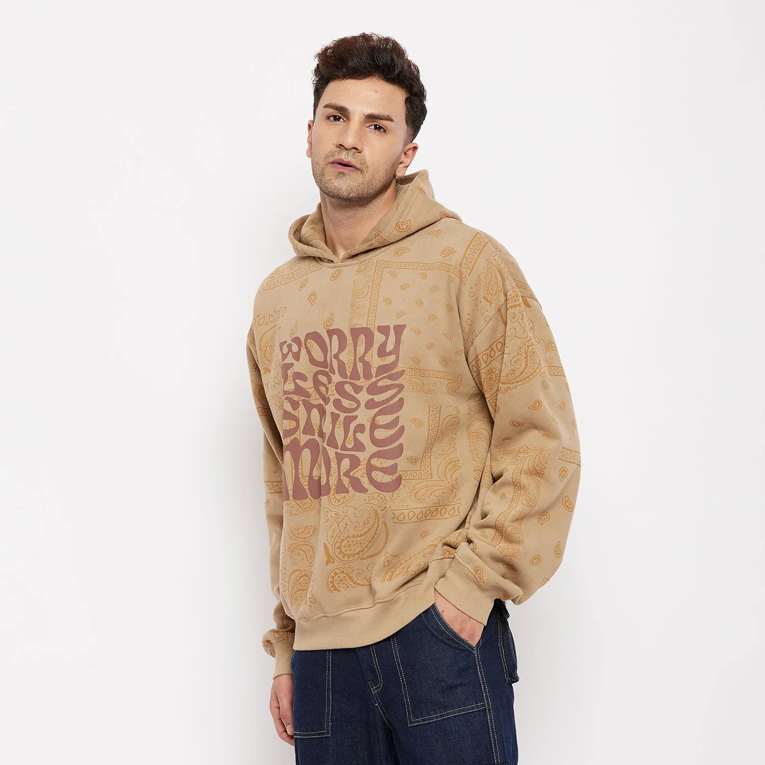 Beige Paisley Oversized Hooded Sweatshirt