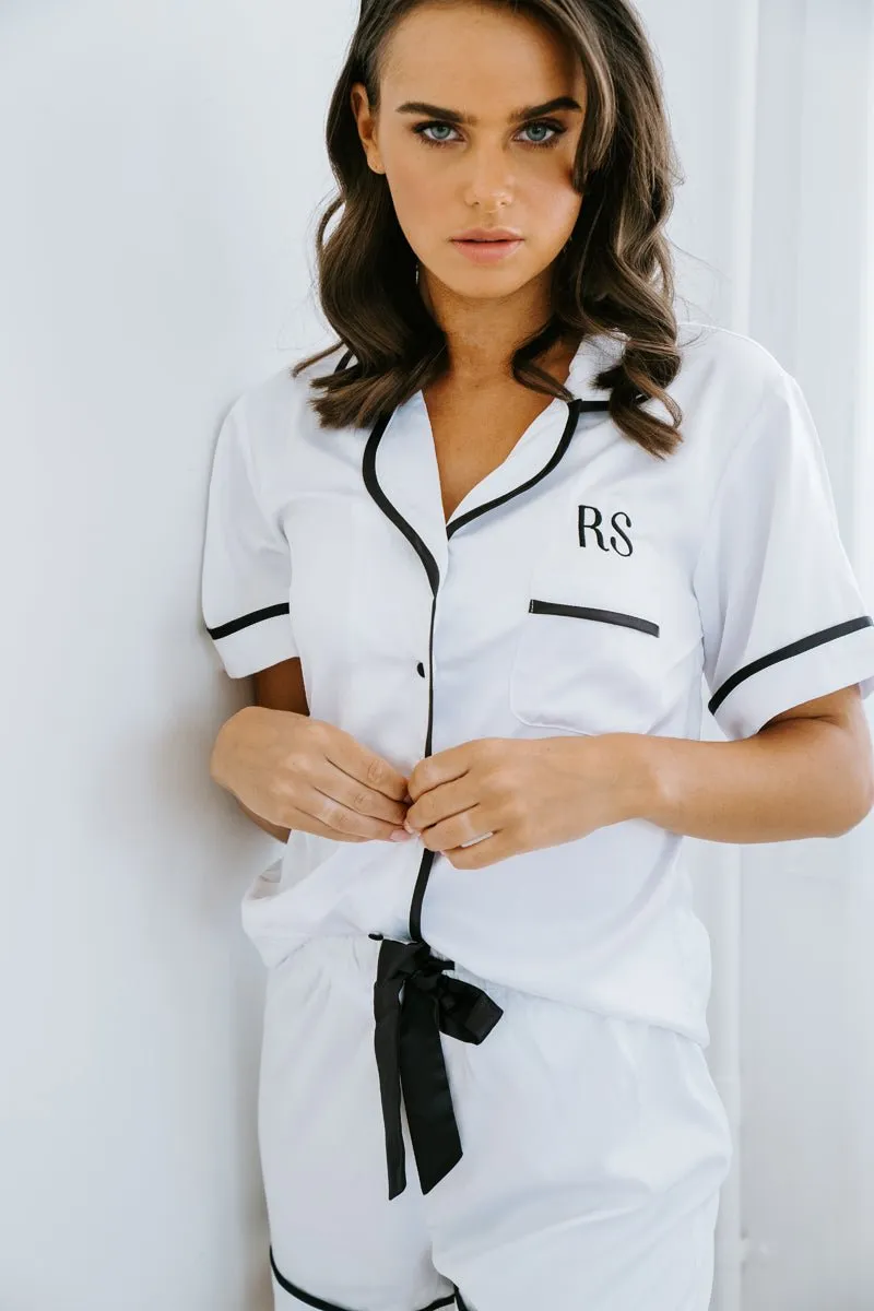 Bella Premium Satin PJ Set | White & Black