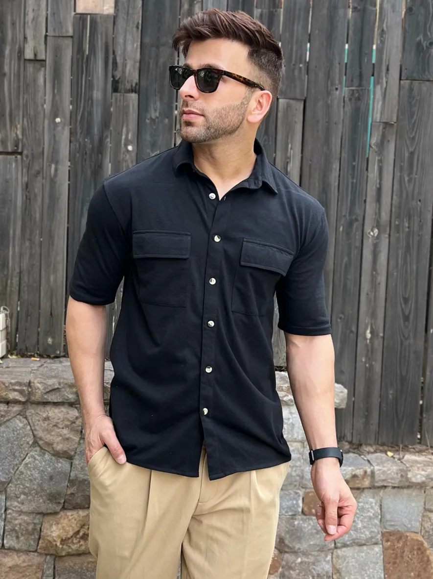 Black Oversized Double Pocket Knitted Shirt