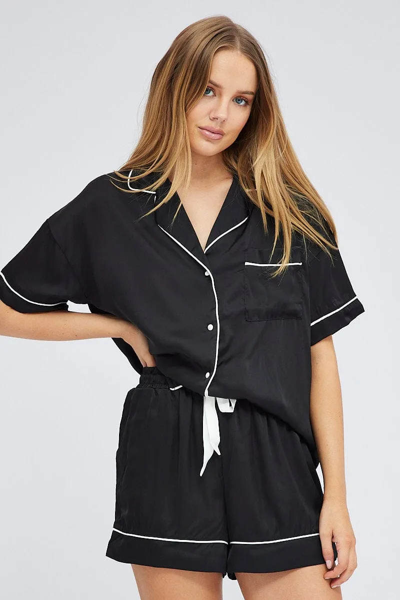 Black Satin PJ Contrast Piping Button Through Pyjama Set