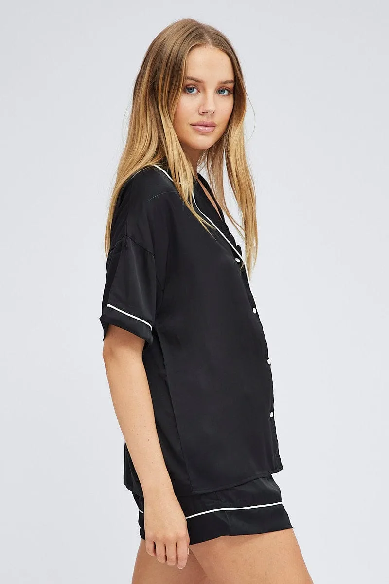 Black Satin PJ Contrast Piping Button Through Pyjama Set