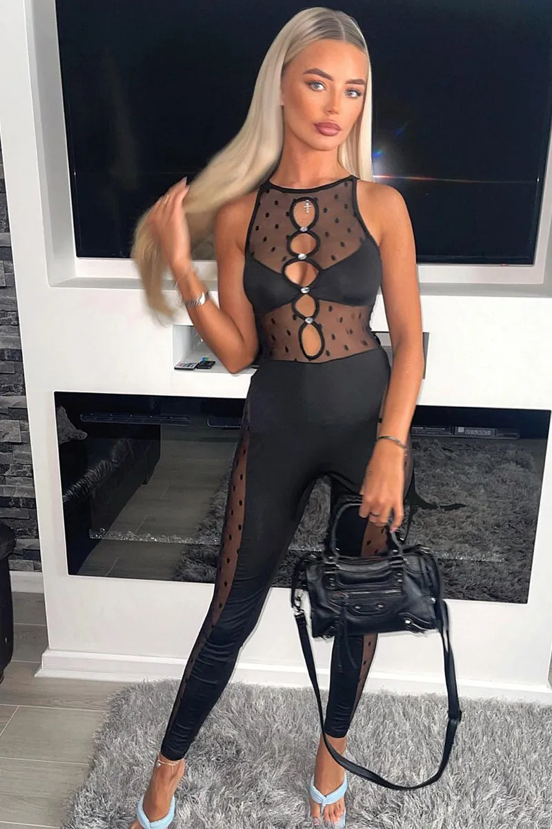 Black Spot Mesh Key Hole Jumpsuit - Darla