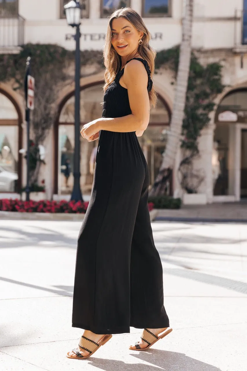 Black Square Neck Smocked Jumpsuit - FINAL SALE