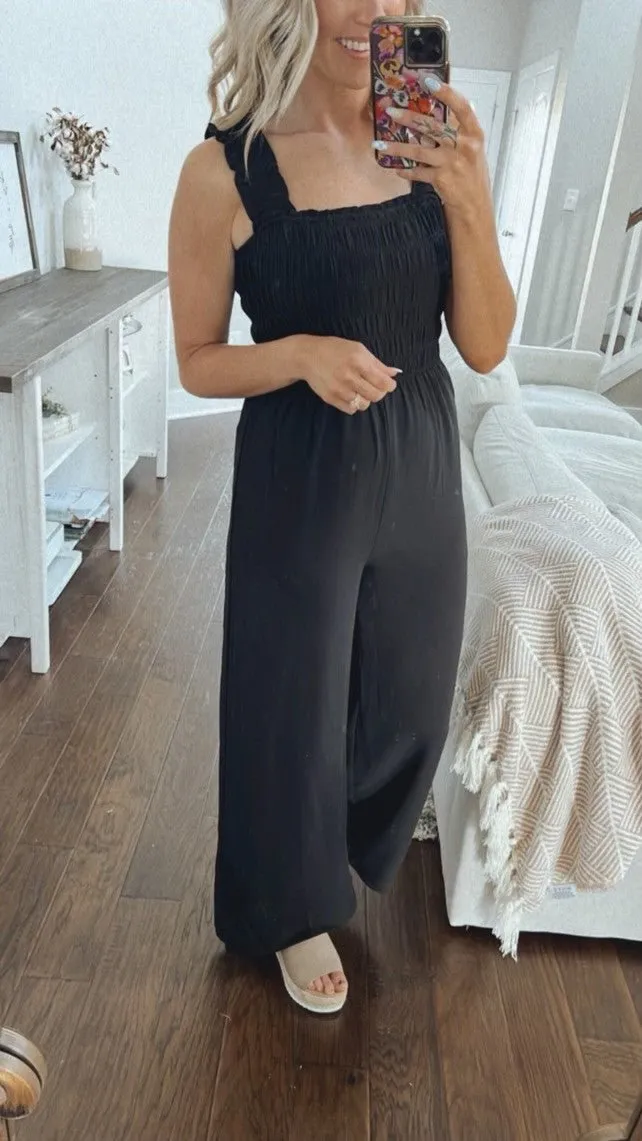 Black Square Neck Smocked Jumpsuit - FINAL SALE