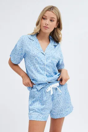 Blue Animal Print Satin Pj Blue Leopard Contrast Piping Pyjama Set