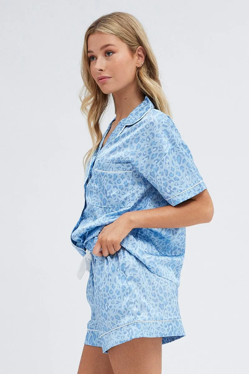 Blue Animal Print Satin Pj Blue Leopard Contrast Piping Pyjama Set