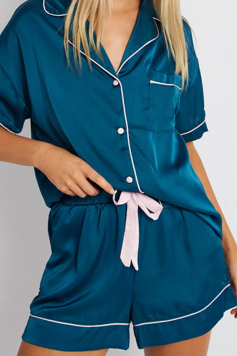 Blue Satin Pj Contrast Piping Pyjama Set