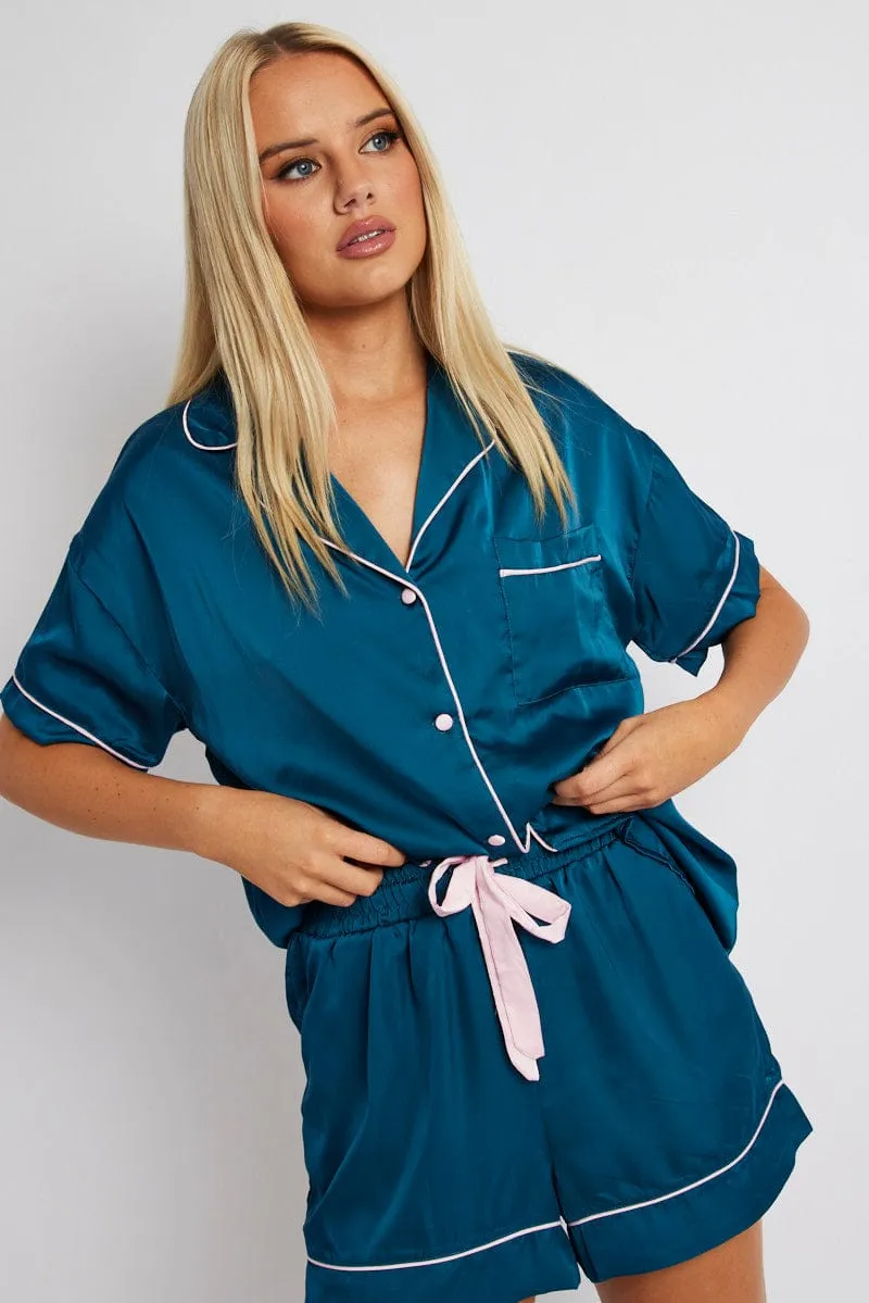 Blue Satin Pj Contrast Piping Pyjama Set