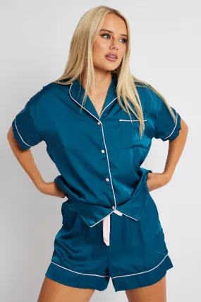 Blue Satin Pj Contrast Piping Pyjama Set