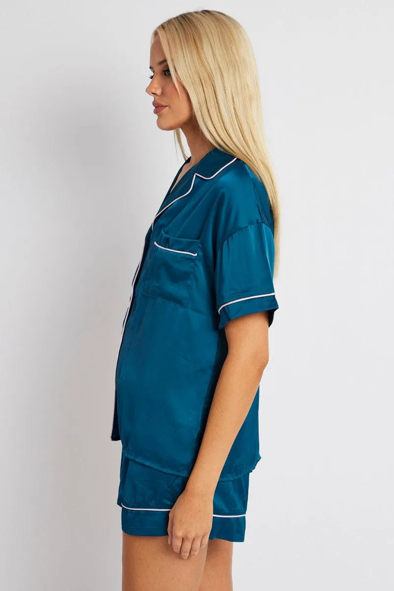 Blue Satin Pj Contrast Piping Pyjama Set