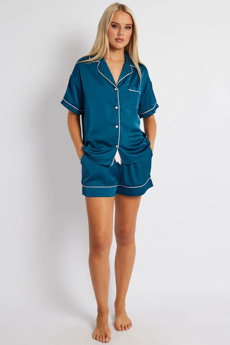 Blue Satin Pj Contrast Piping Pyjama Set