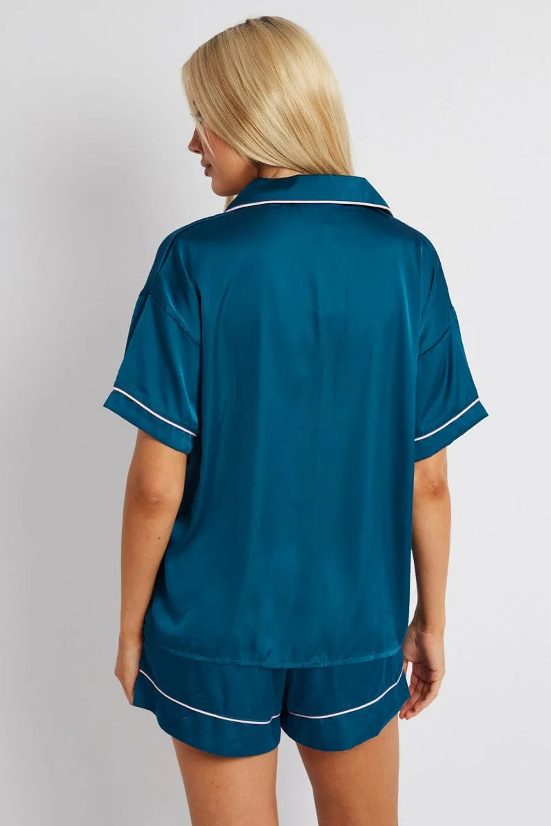 Blue Satin Pj Contrast Piping Pyjama Set