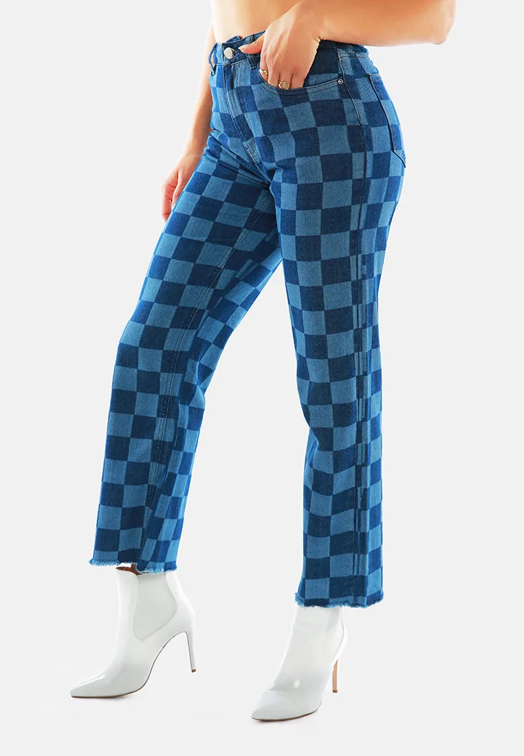 Blue Wide Leg Checkered Jeans Pants