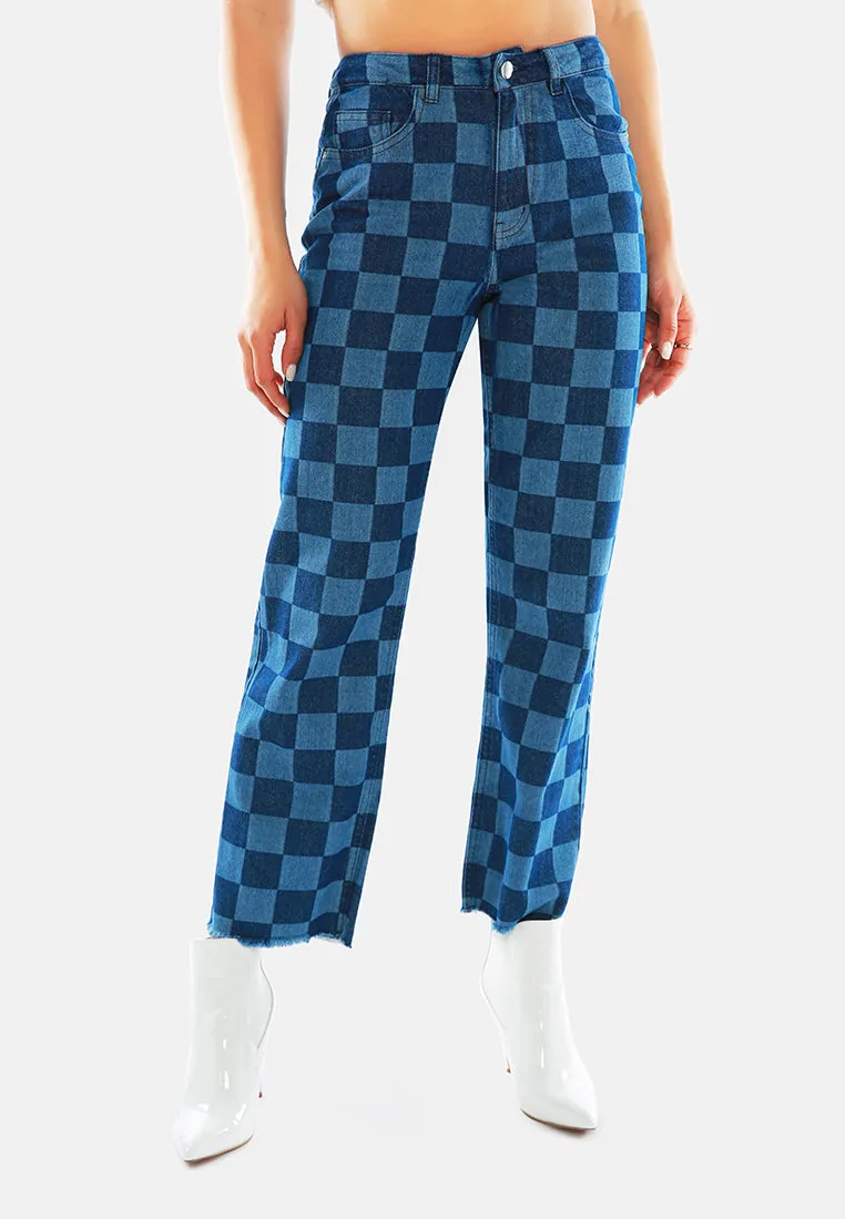 Blue Wide Leg Checkered Jeans Pants