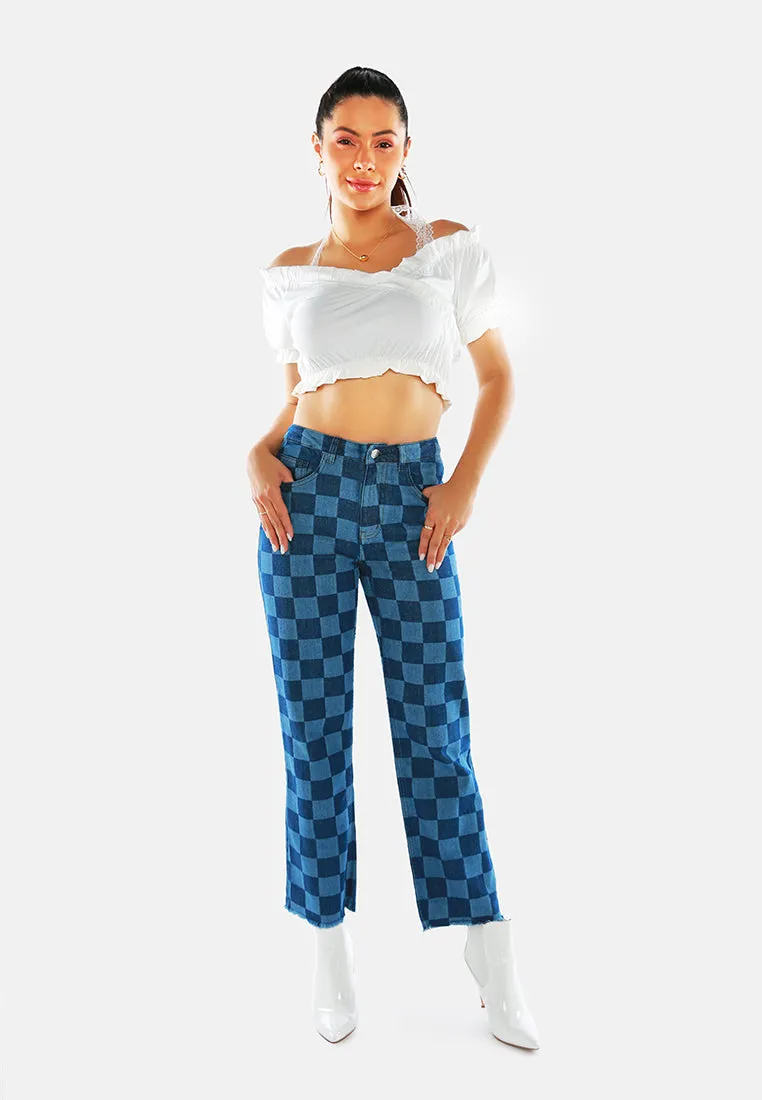 Blue Wide Leg Checkered Jeans Pants