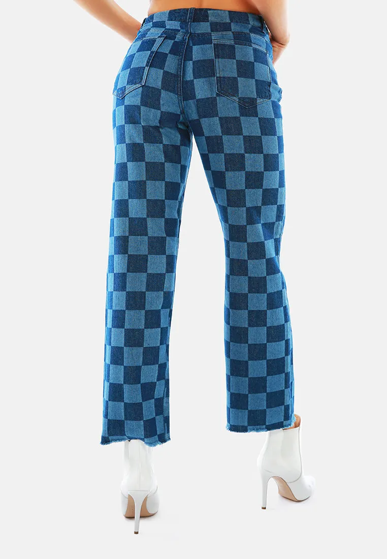 Blue Wide Leg Checkered Jeans Pants