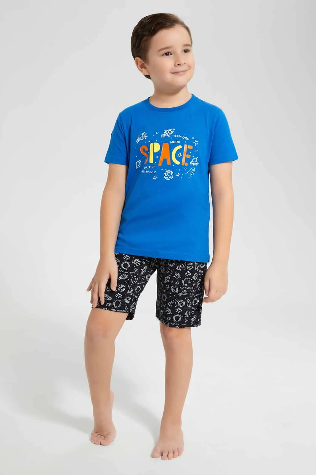 Boys Blue And Black Space Print Pyjama Set (2 Piece)