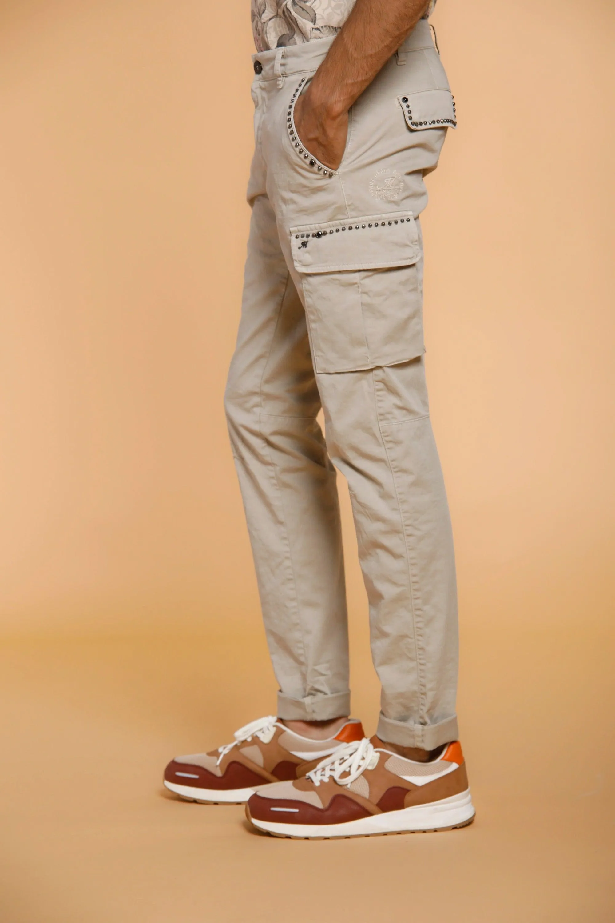 Chile man cargo pants in cotton with studs extra slim