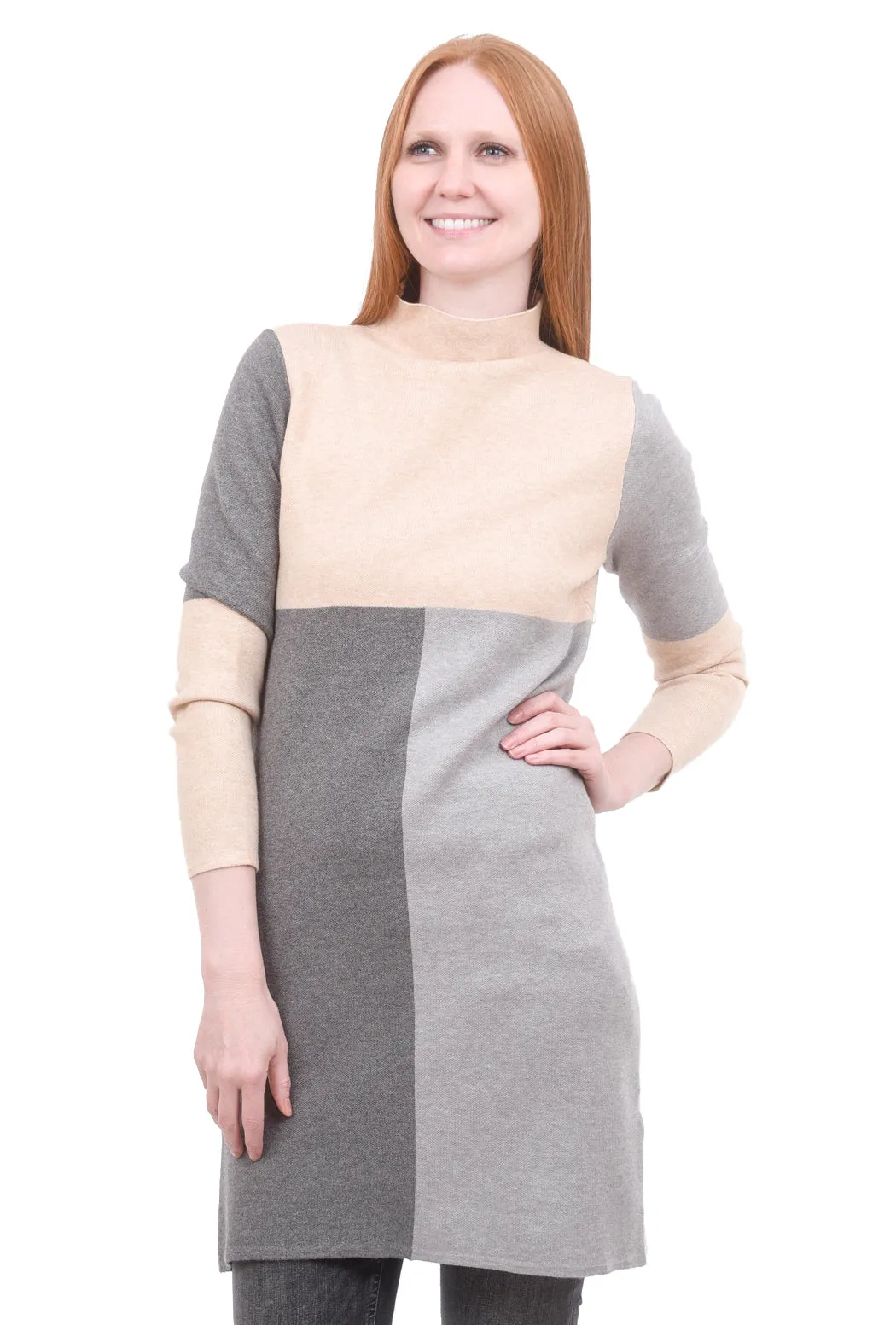 Color-Block Knit Dress, Beige