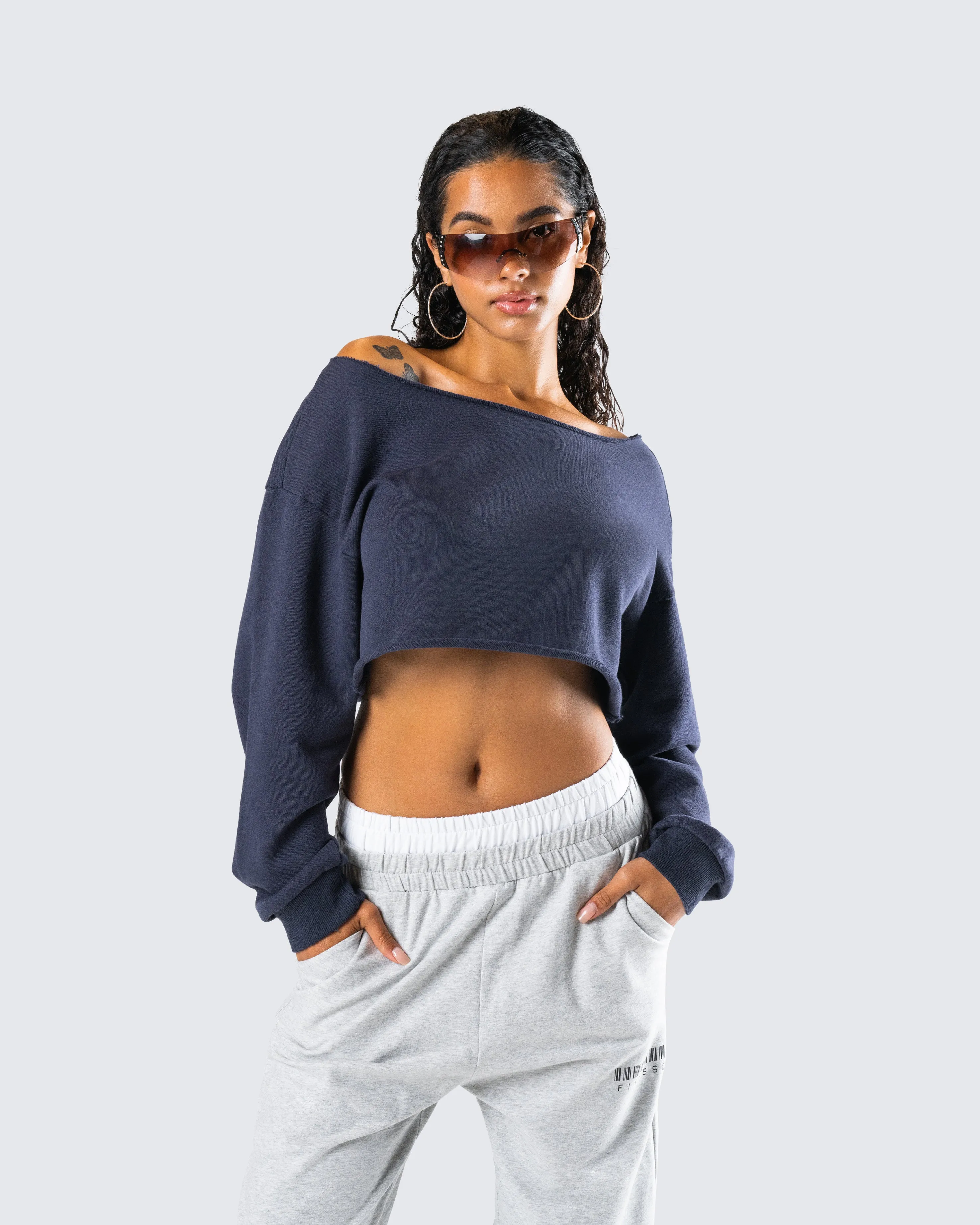 Cory Navy Long Sleeve Crop Top