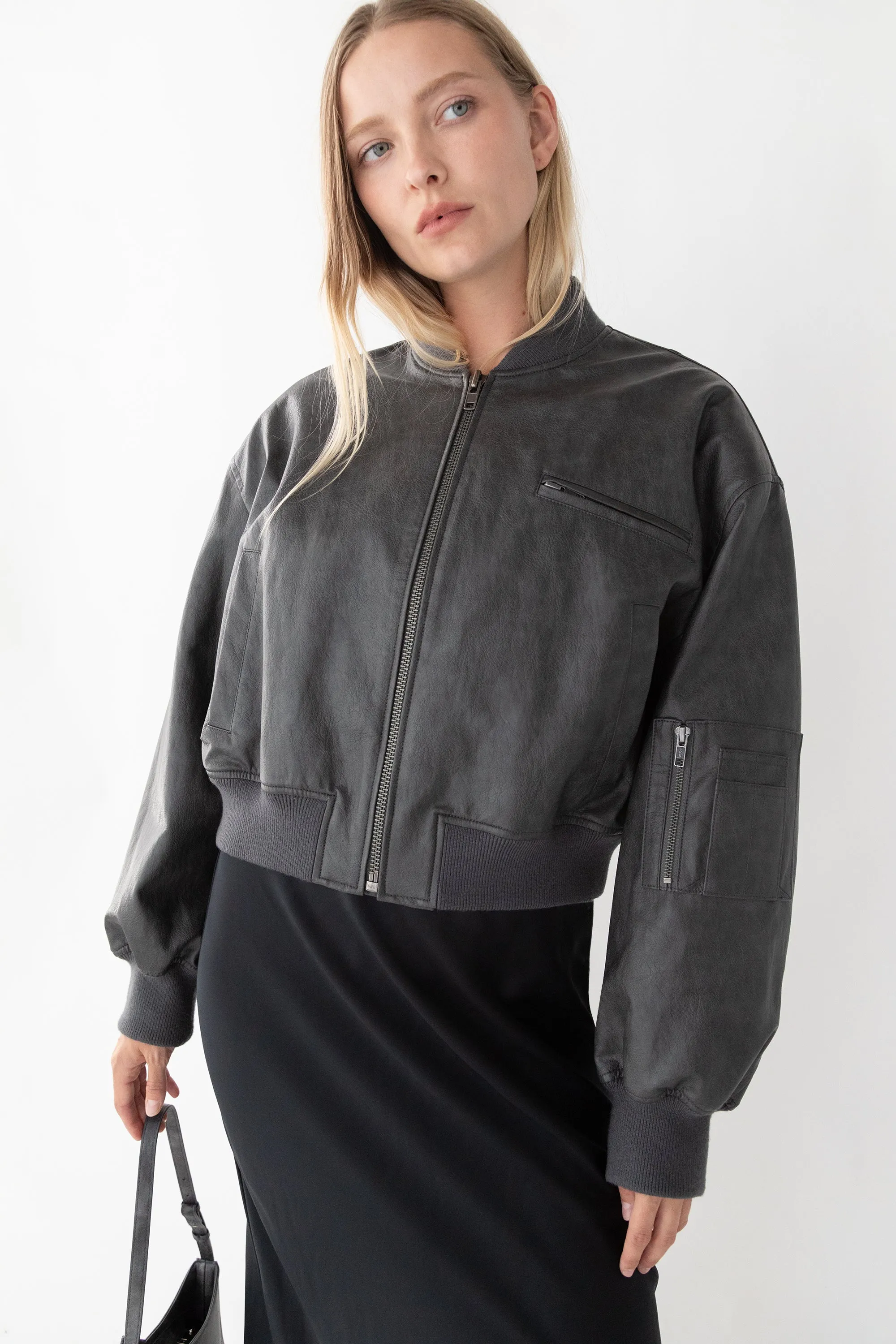 CROPPED VEGAN LEATHER BOMBER JACKET