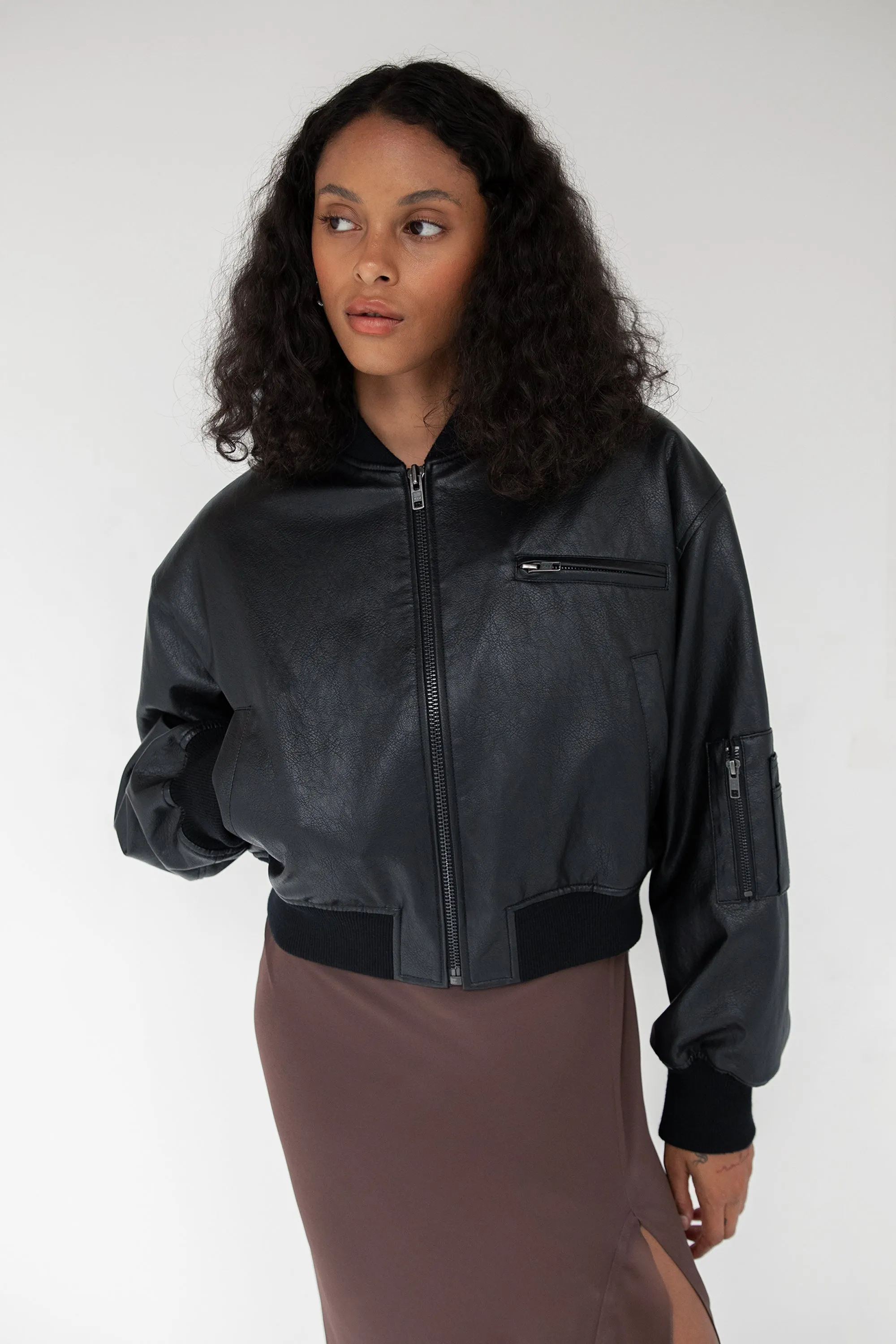 CROPPED VEGAN LEATHER BOMBER JACKET