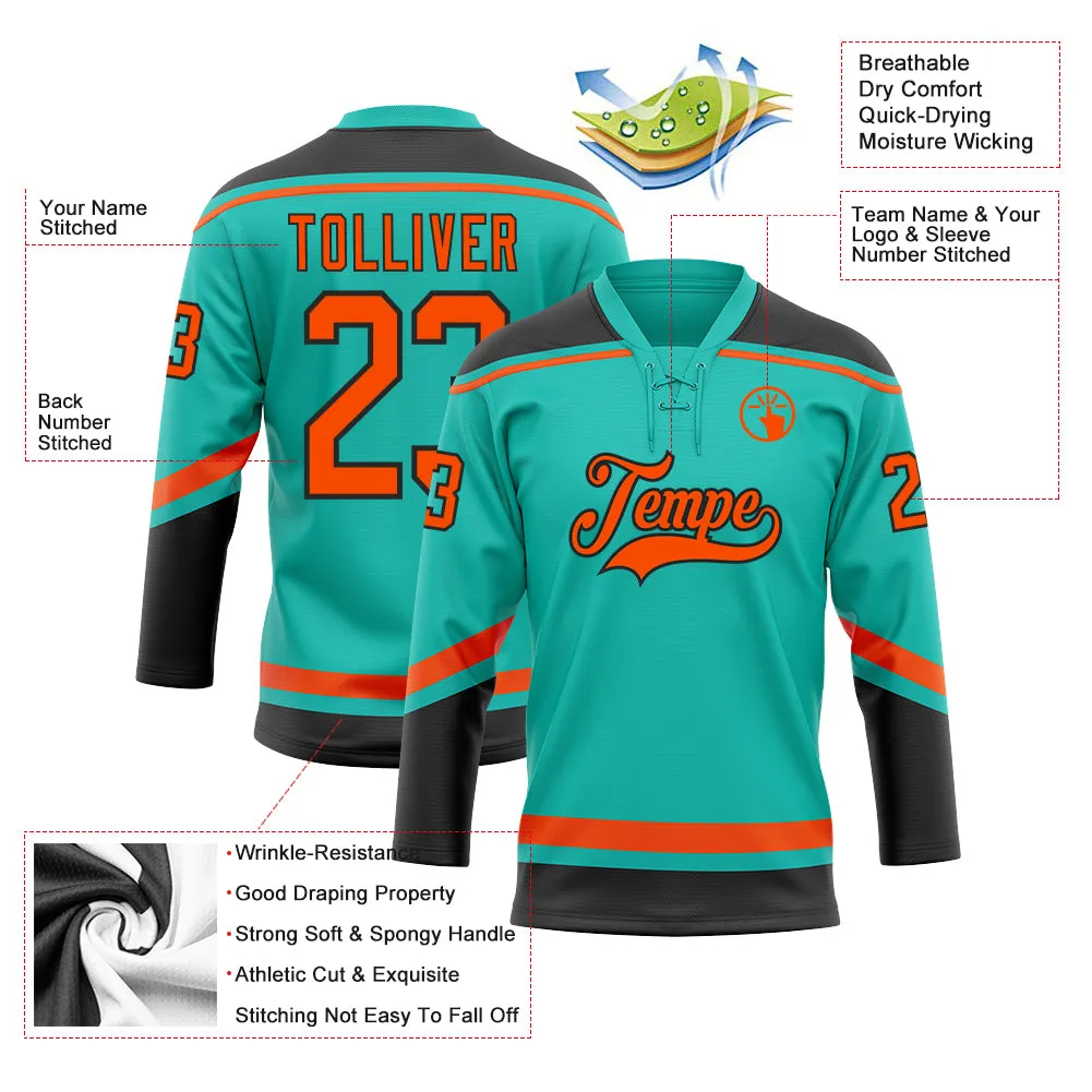 Custom Aqua Orange-Black Hockey Lace Neck Jersey