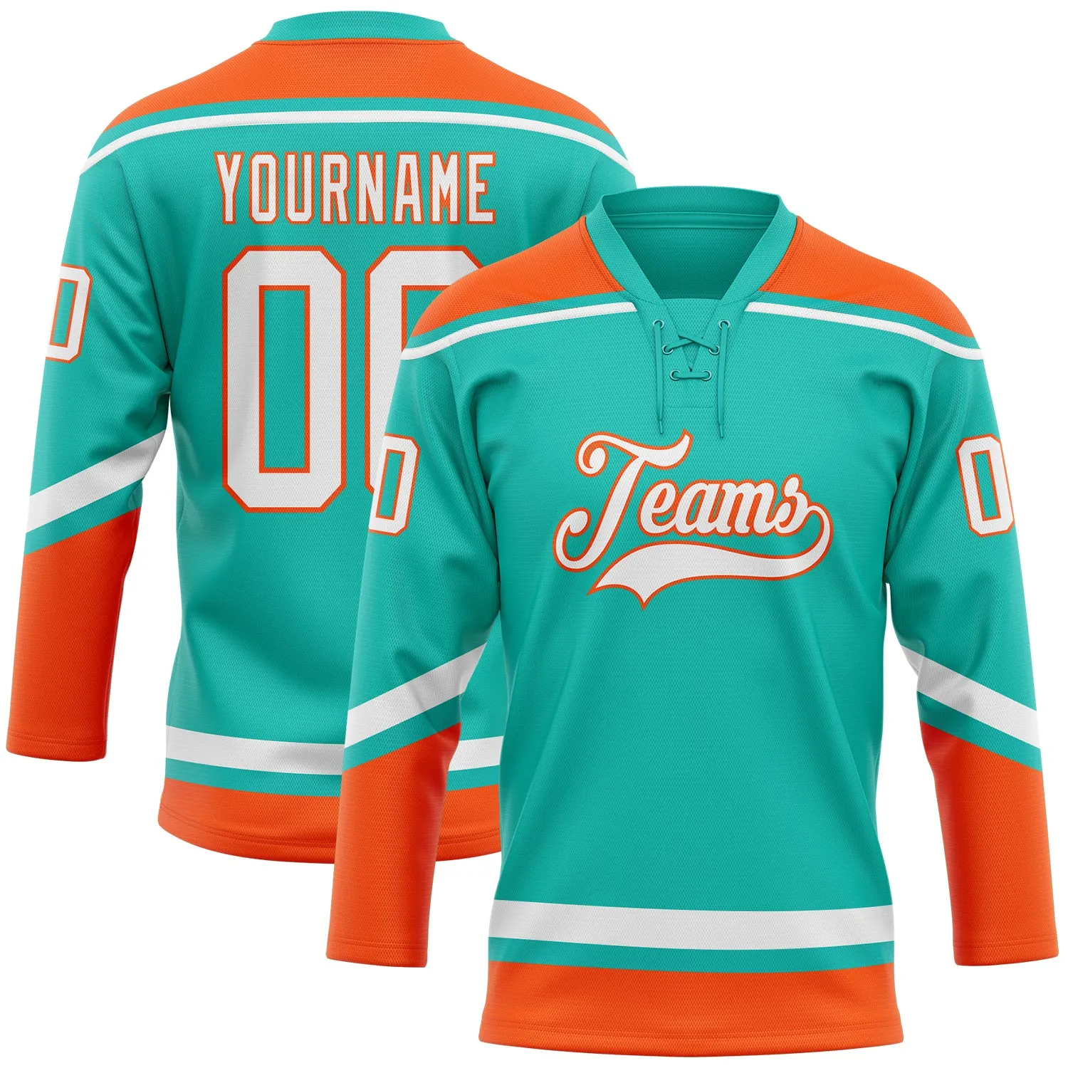 Custom Aqua White-Orange Hockey Lace Neck Jersey