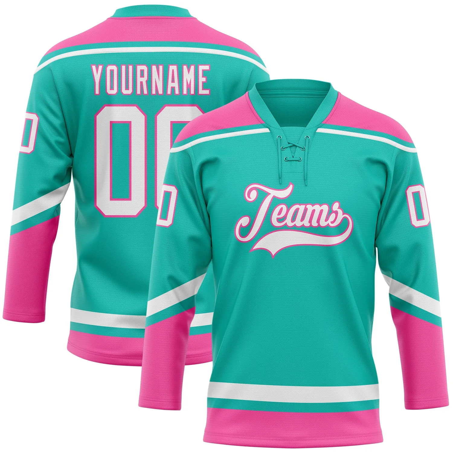 Custom Aqua White-Pink Hockey Lace Neck Jersey