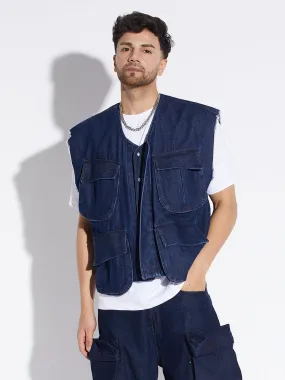 Dark Wash Denim Utility Sleeveless Jacket